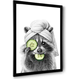 Framed Funny Bathroom Decor Wall Art, Framed Cute Raccoon Wall Art, Black and